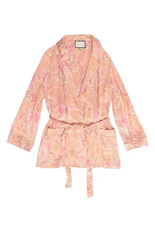 Pink crinkle viscose floral print short tie-waist lounge robe and short set