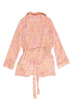Pink crinkle viscose floral print short tie-waist lounge robe and short set