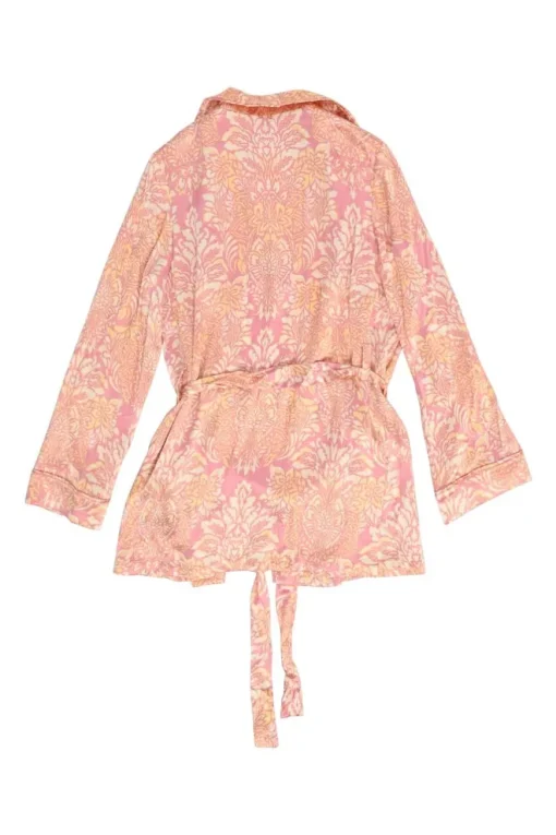 Pink crinkle viscose floral print short tie-waist lounge robe and short set