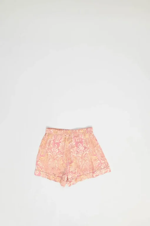 Pink crinkle viscose floral print short tie-waist lounge robe and short set