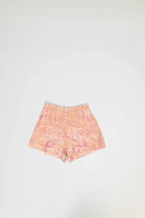 Pink crinkle viscose floral print short tie-waist lounge robe and short set