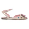 Pink crystal-embellished floral print leather pointed-toe sling-back ballerinas with criss-cross buckle strap