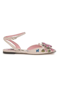 Pink crystal-embellished floral print leather pointed-toe sling-back ballerinas with criss-cross buckle strap