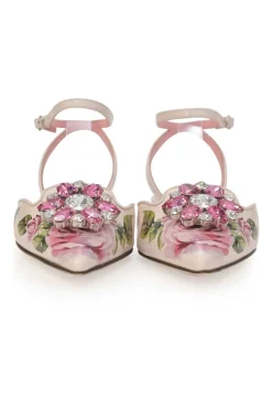 Pink crystal-embellished floral print leather pointed-toe sling-back ballerinas with criss-cross buckle strap