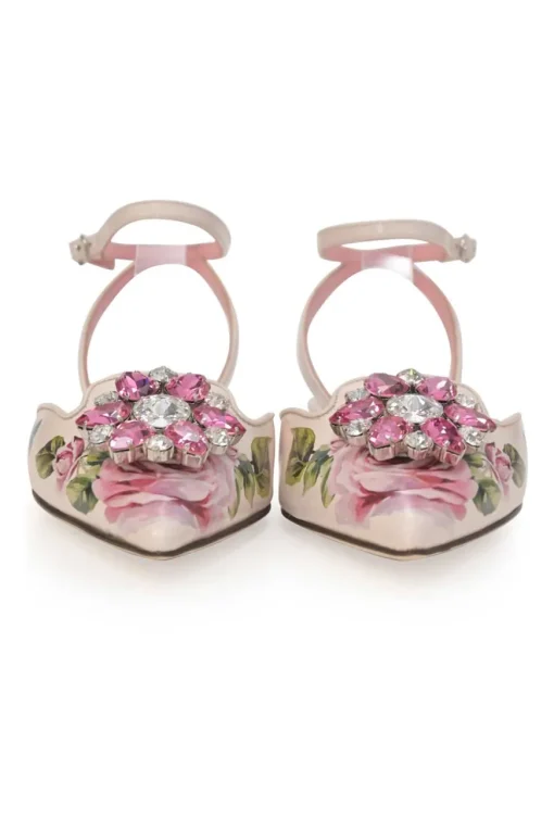 Pink crystal-embellished floral print leather pointed-toe sling-back ballerinas with criss-cross buckle strap