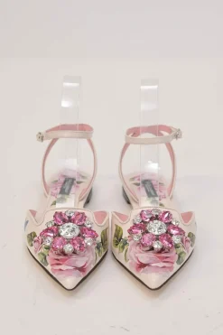 Pink crystal-embellished floral print leather pointed-toe sling-back ballerinas with criss-cross buckle strap