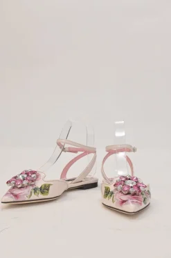 Pink crystal-embellished floral print leather pointed-toe sling-back ballerinas with criss-cross buckle strap