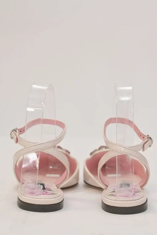 Pink crystal-embellished floral print leather pointed-toe sling-back ballerinas with criss-cross buckle strap