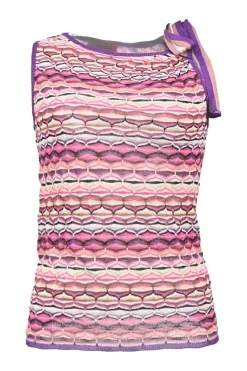 Pink 3D knit stripe tank top with adjustable ribbon tie strap
