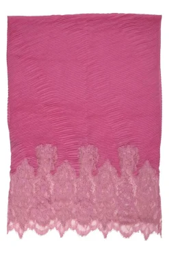 Pink floral lace-trimmed cashmere-blend plissé scarf