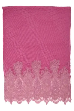 Pink floral lace-trimmed cashmere-blend plissé scarf