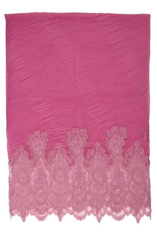 Pink floral lace-trimmed cashmere-blend plissé scarf
