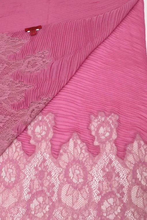 Pink floral lace-trimmed cashmere-blend plissé scarf