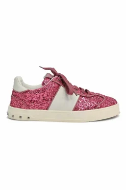 Pink glitter-bonded leather and rubber Fly Crew low-top flatform sneakers