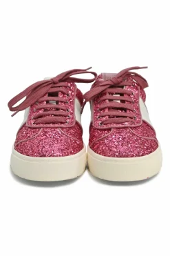 Pink glitter-bonded leather and rubber Fly Crew low-top flatform sneakers
