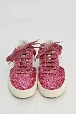 Pink glitter-bonded leather and rubber Fly Crew low-top flatform sneakers