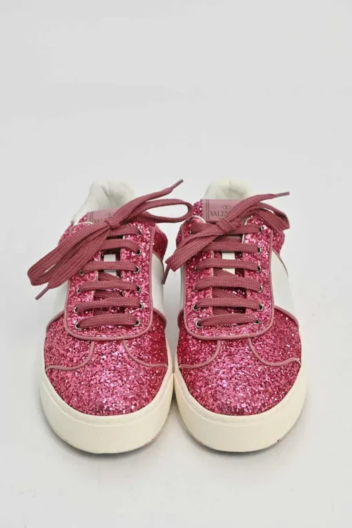 Pink glitter-bonded leather and rubber Fly Crew low-top flatform sneakers