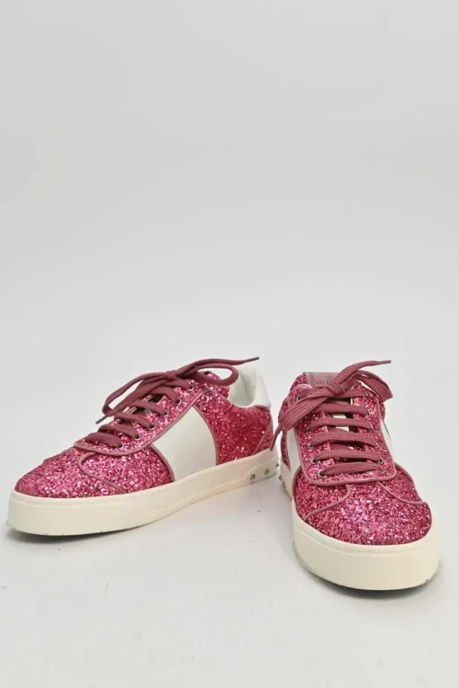 Pink glitter-bonded leather and rubber Fly Crew low-top flatform sneakers