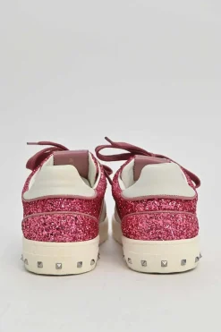 Pink glitter-bonded leather and rubber Fly Crew low-top flatform sneakers