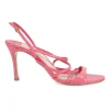 Pink grained leather slingback heeled strappy sandals with adjustable buckle ankle strap