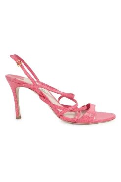 Pink grained leather slingback heeled strappy sandals with adjustable buckle ankle strap