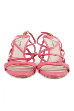 Pink grained leather slingback heeled strappy sandals with adjustable buckle ankle strap