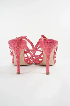 Pink grained leather slingback heeled strappy sandals with adjustable buckle ankle strap