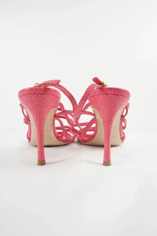 Pink grained leather slingback heeled strappy sandals with adjustable buckle ankle strap