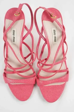 Pink grained leather slingback heeled strappy sandals with adjustable buckle ankle strap