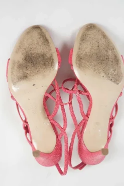 Pink grained leather slingback heeled strappy sandals with adjustable buckle ankle strap
