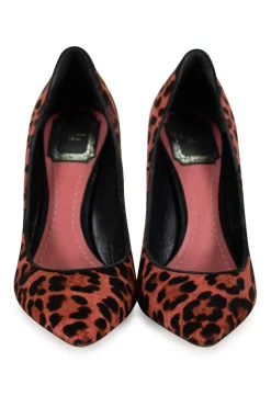 Pink leopard print calf hair point toe pumps