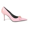 Pink patent leather sharp-point toe Gianni Bow 110 stiletto pumps featuring signature Nastro Gianni bow with enameled Medusa hardware