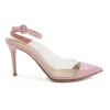 Pink polished calfskin and PVC pointed toe plexi slingback pumps with wraparound buckle ankle strap