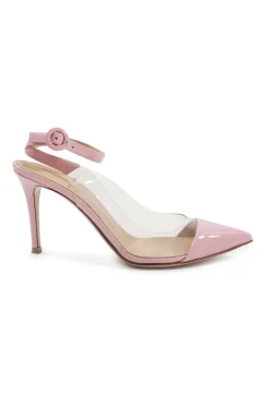 Pink polished calfskin and PVC pointed toe plexi slingback pumps with wraparound buckle ankle strap
