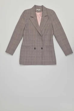 Pink polyester-blend check double breasted peak lapel tailored jacket and cropped straight-leg trouser set