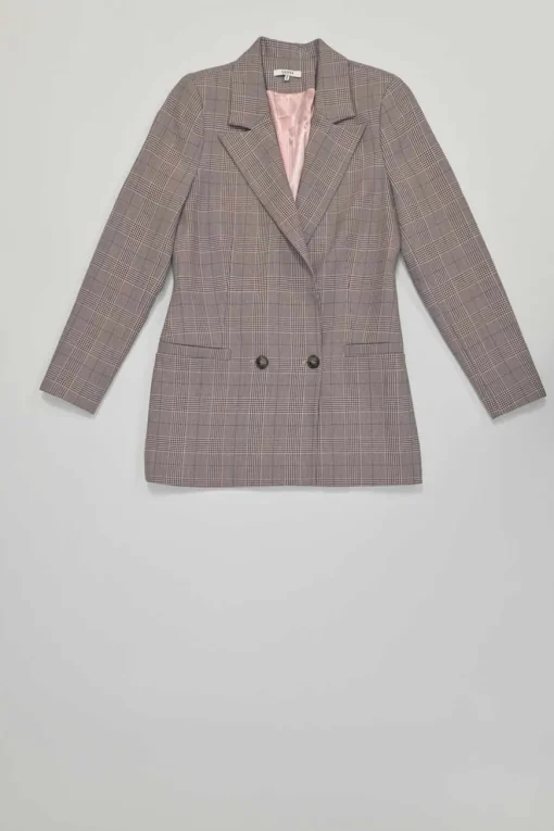 Pink polyester-blend check double breasted peak lapel tailored jacket and cropped straight-leg trouser set