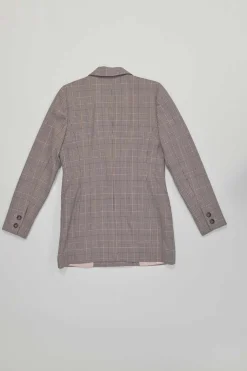 Pink polyester-blend check double breasted peak lapel tailored jacket and cropped straight-leg trouser set