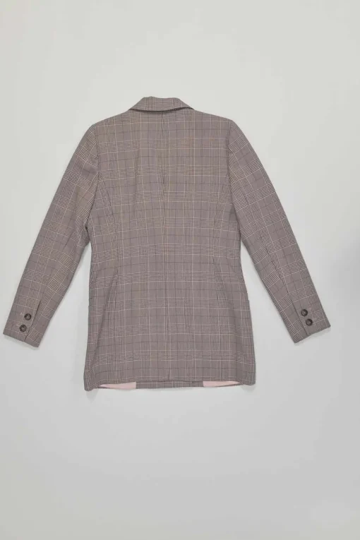 Pink polyester-blend check double breasted peak lapel tailored jacket and cropped straight-leg trouser set