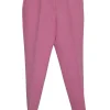Pink polyester-blend pull-on high rise tailored trousers with tapered legs