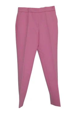 Pink polyester-blend pull-on high rise tailored trousers with tapered legs