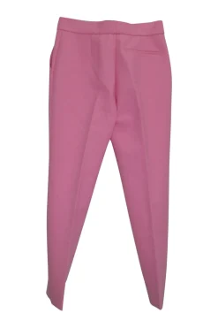 Pink polyester-blend pull-on high rise tailored trousers with tapered legs