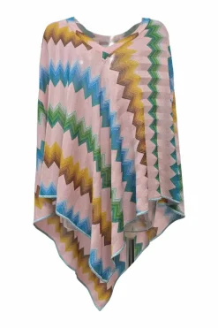 Pink rayon-blend metallic striped chevron plissé knit handkerchief poncho