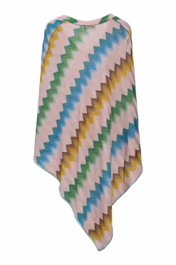Pink rayon-blend metallic striped chevron plissé knit handkerchief poncho