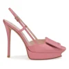 Pink satin and leather Choc buckle slingback platform pumps with buckle strap closure