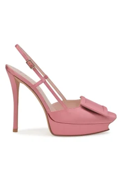 Pink satin and leather Choc buckle slingback platform pumps with buckle strap closure