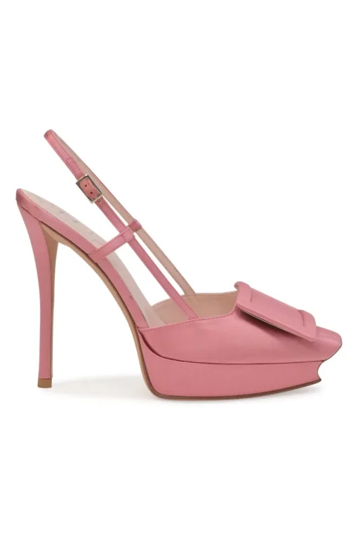 Pink satin and leather Choc buckle slingback platform pumps with buckle strap closure
