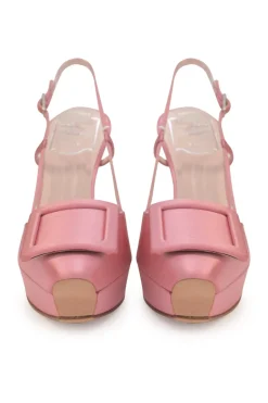 Pink satin and leather Choc buckle slingback platform pumps with buckle strap closure