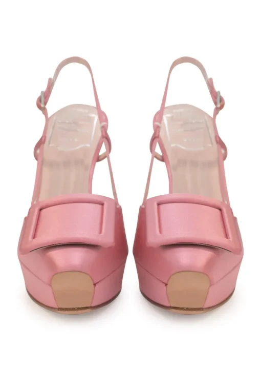 Pink satin and leather Choc buckle slingback platform pumps with buckle strap closure