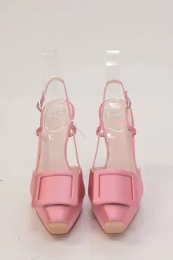 Pink satin and leather Choc buckle slingback platform pumps with buckle strap closure
