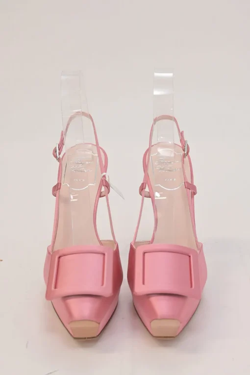 Pink satin and leather Choc buckle slingback platform pumps with buckle strap closure